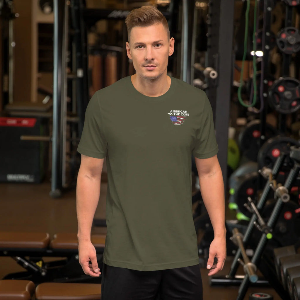A man wearing a military green patriotic t-shirt with "American To The Core" text.