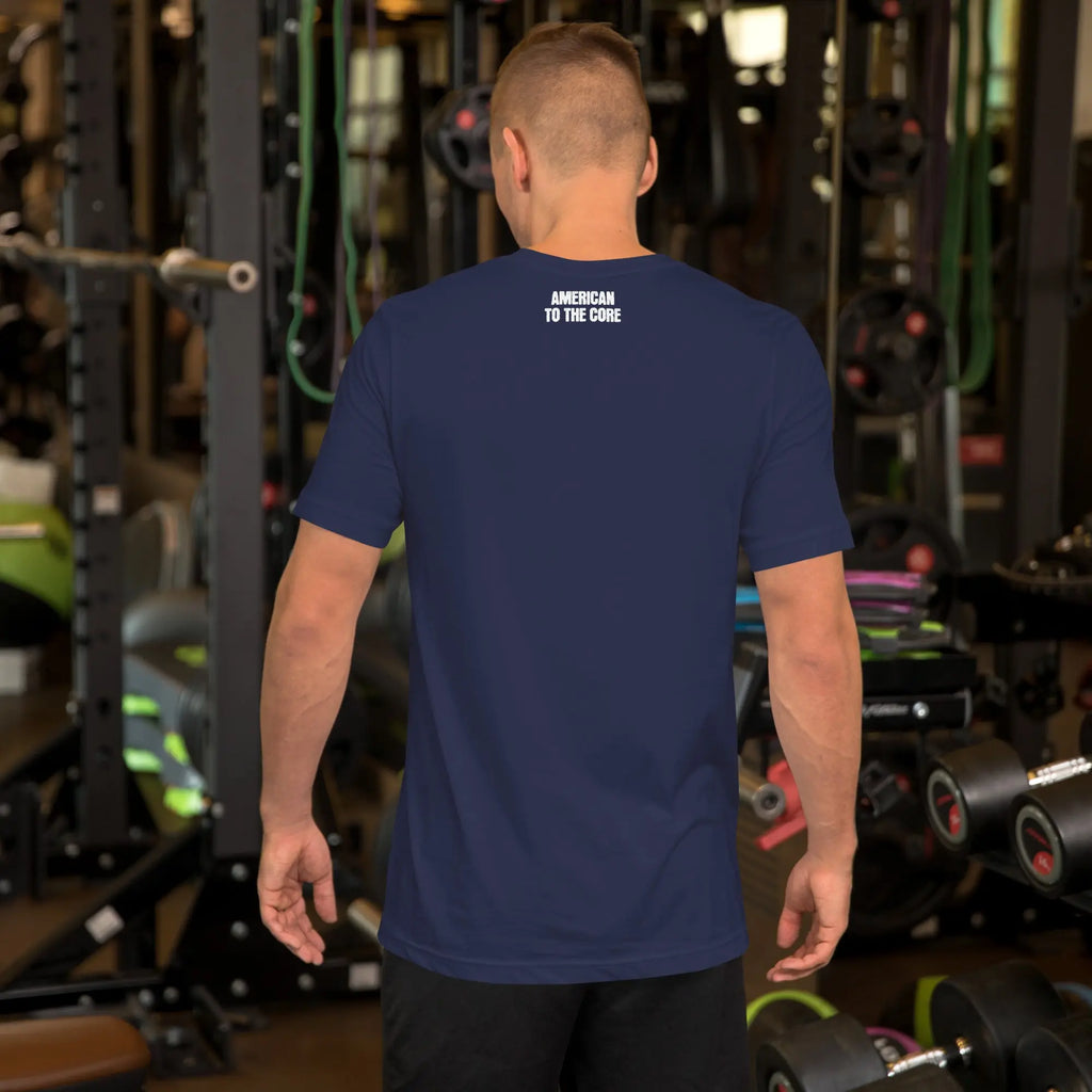 Back of man wearing a navy patriotic t-shirt with "America to the core" text