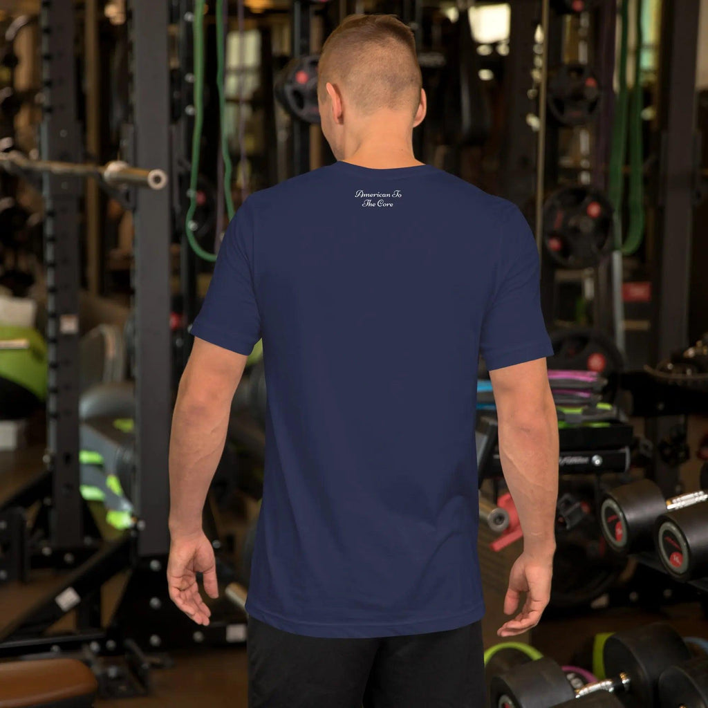 Back of a man wearing a navy patriotic t-shirt with the text "American To The Core."