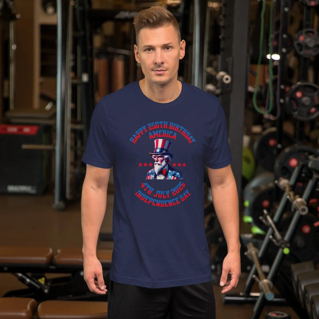A man wearing a navy-blue patriotic men's t-shirt with Uncle Sam and the text "Happy 250th Birthday, America, and 4th July 2026 Independence Day."
