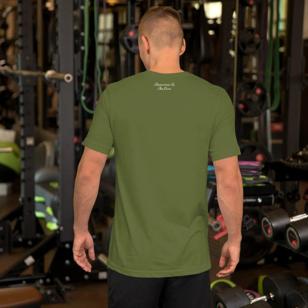 Back of a man wearing a olive  patriotic t-shirt with the text "American To The Core."