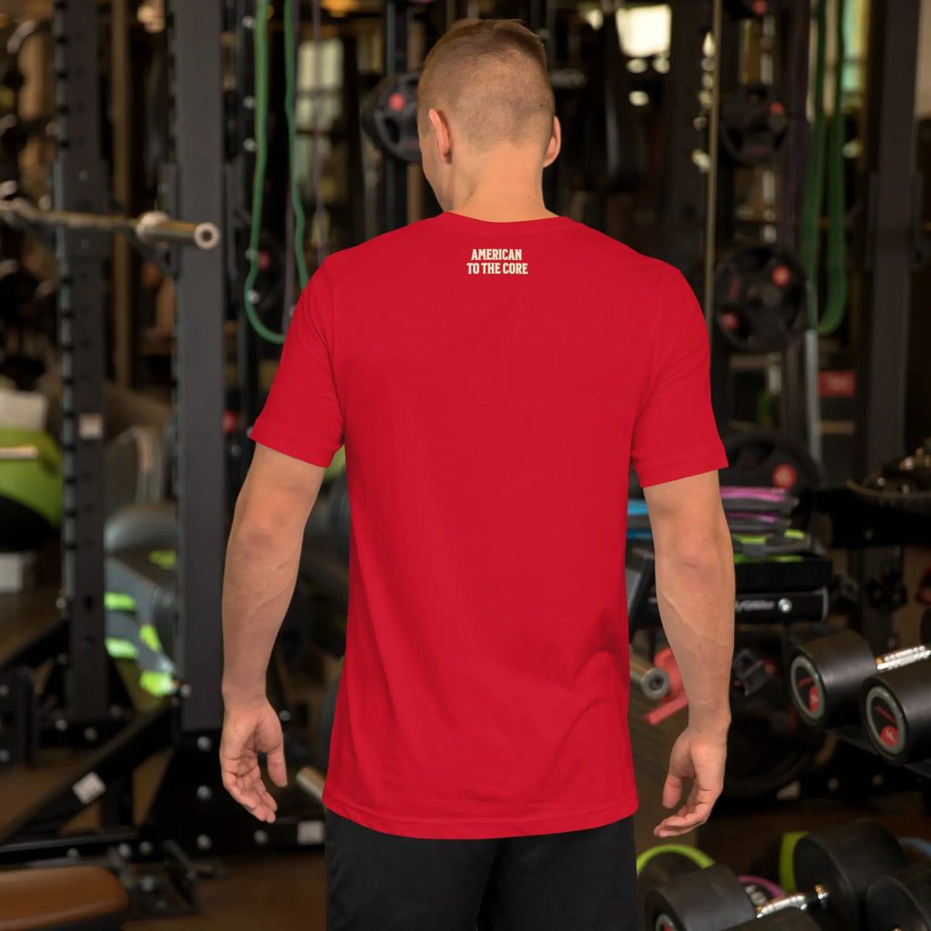 Back of man wearing a red patriotic t-shirt with "America to the core" text