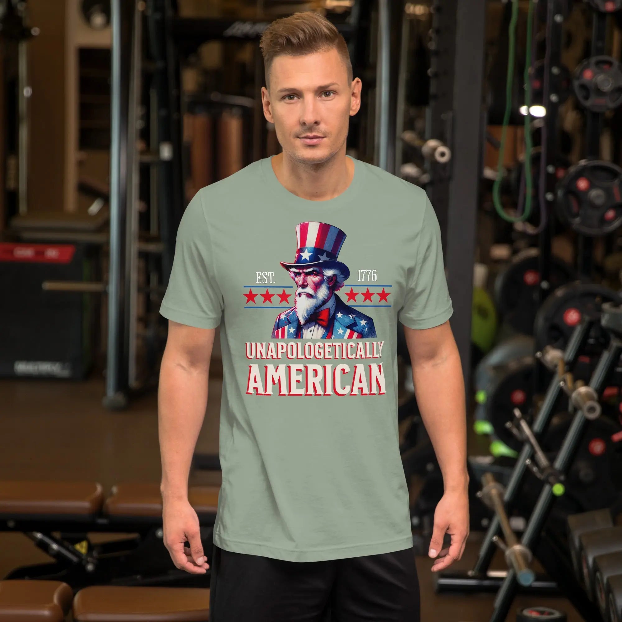 Man wearing a t-shirt with an American-themed graphic in a gym setting