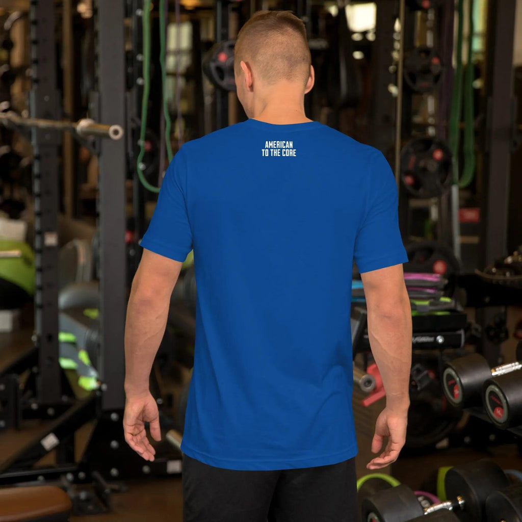 Back of a man wearing a royal blue patriotic t-shirt with the text "American To The Core."