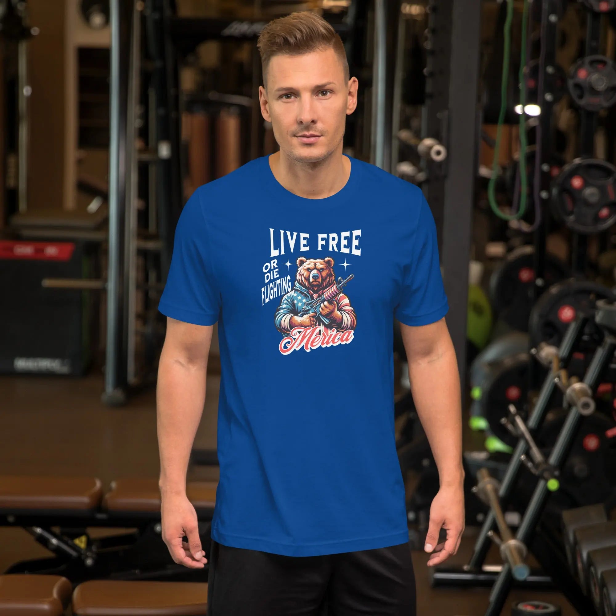 man wearing a blue patriotic t-shirt with a image of a bear holding a gun with "live free or die fighting Merica" text