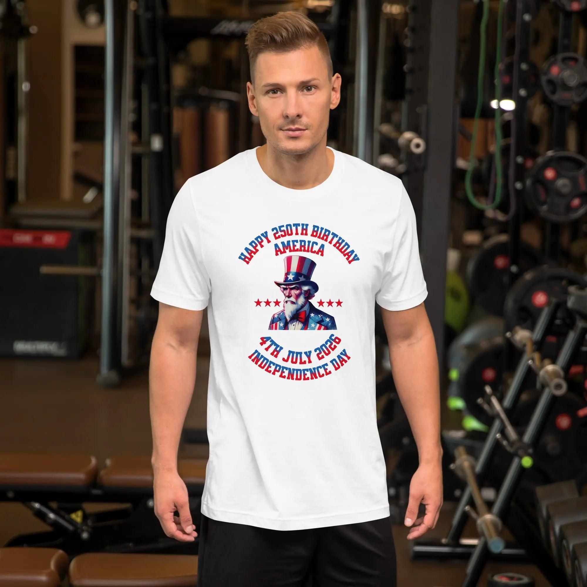 A man wearing a white patriotic men's t-shirt with Uncle Sam and the text "Happy 250th Birthday, America, and 4th July 2026 Independence Day."