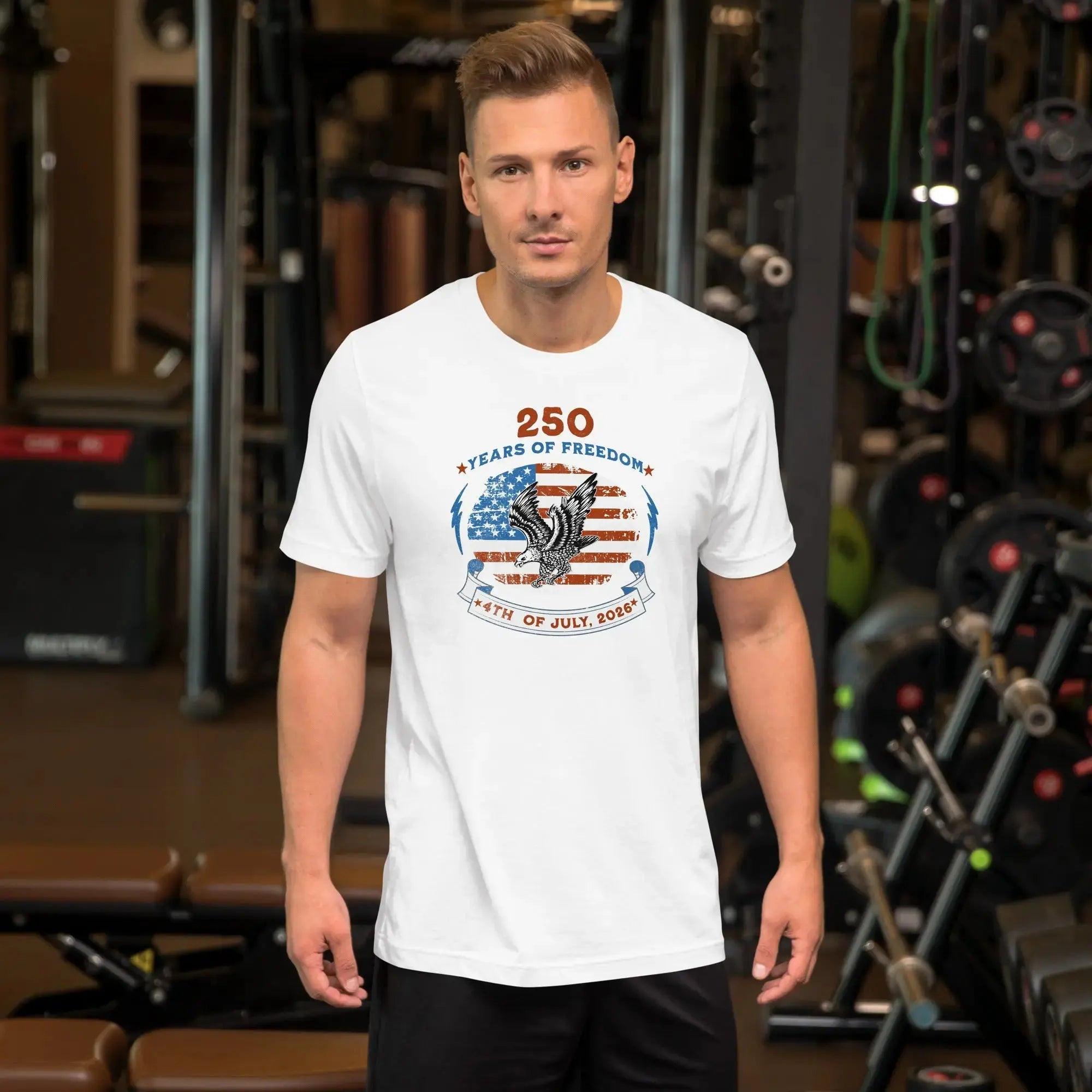 A man wearing a white patriotic men's t-shirt with an eagle over the American flag and the text "250 years of freedom, 4th of July, 2026."