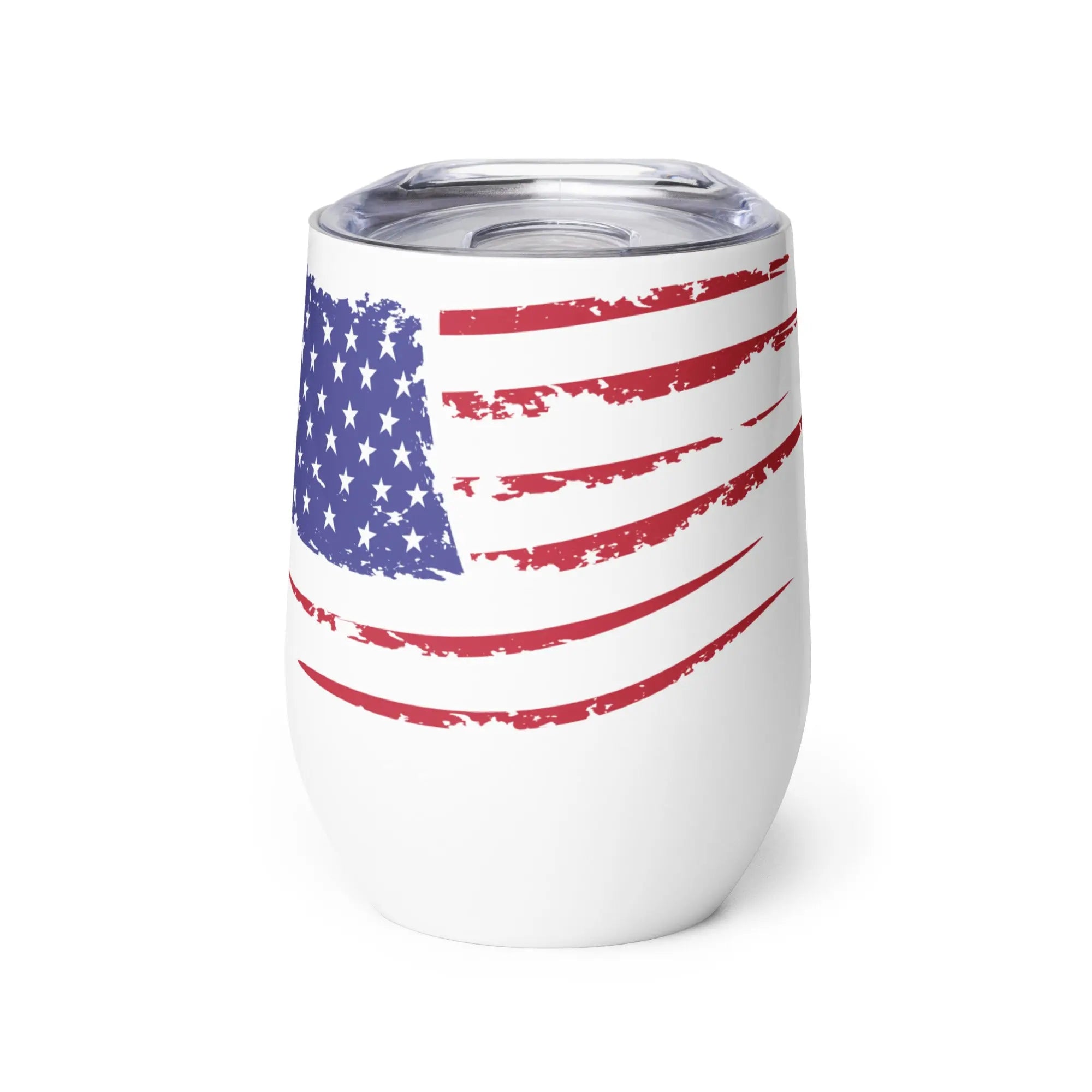 White tumbler with American flag design on a white background