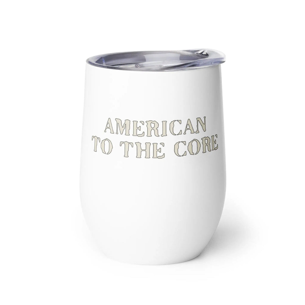 White tumbler with 'American to the Core' text on a white background
