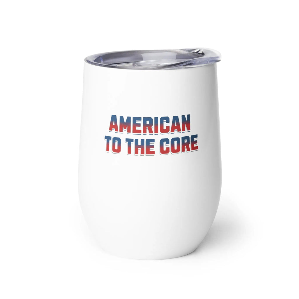 White tumbler with 'American to the Core' text on a white background
