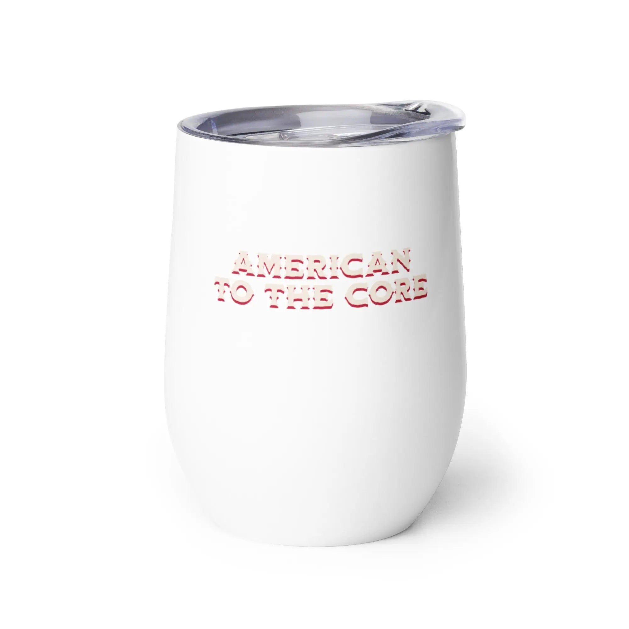 White tumbler with 'American to the core' text on a white background