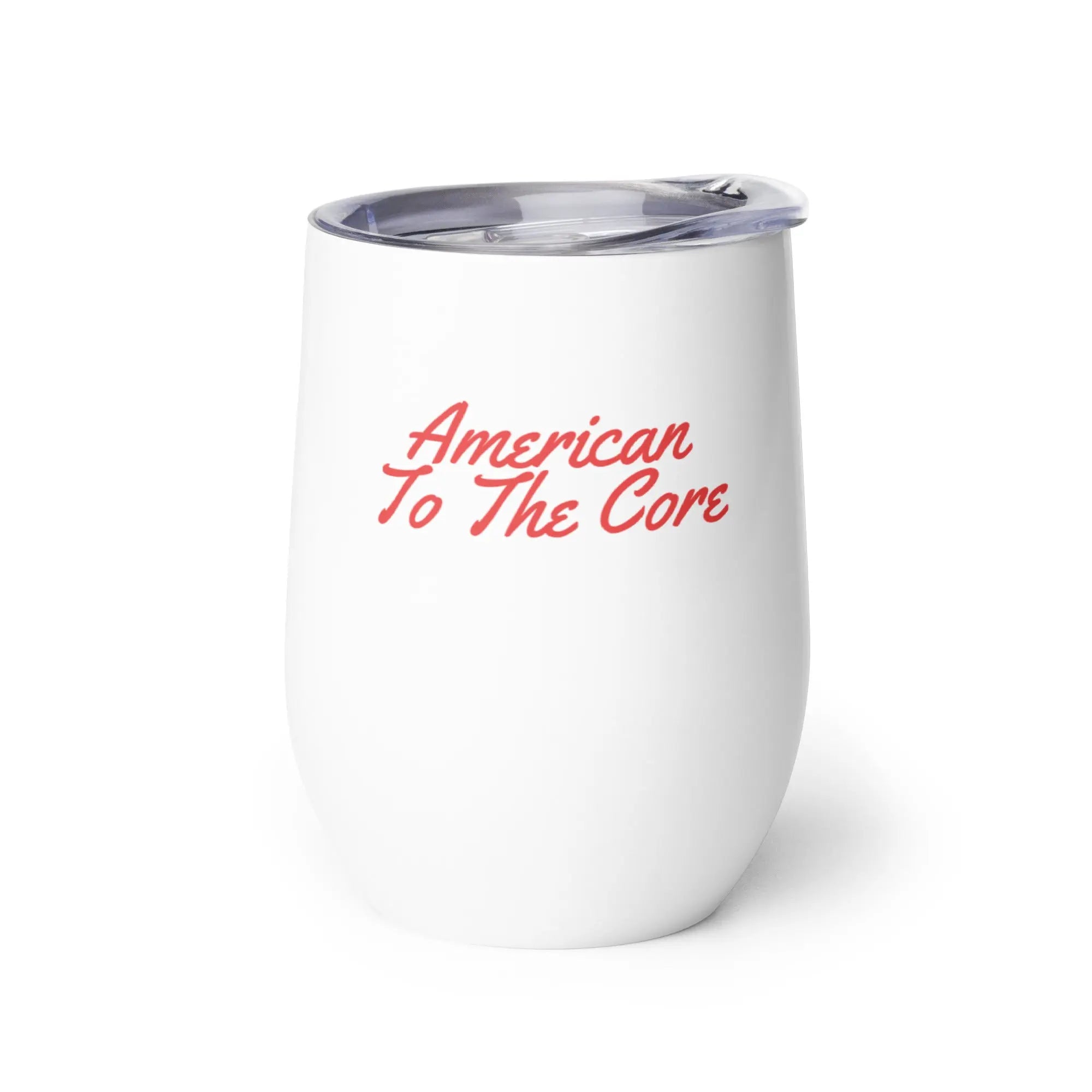 White tumbler with 'American To The Core' text in red on a white background