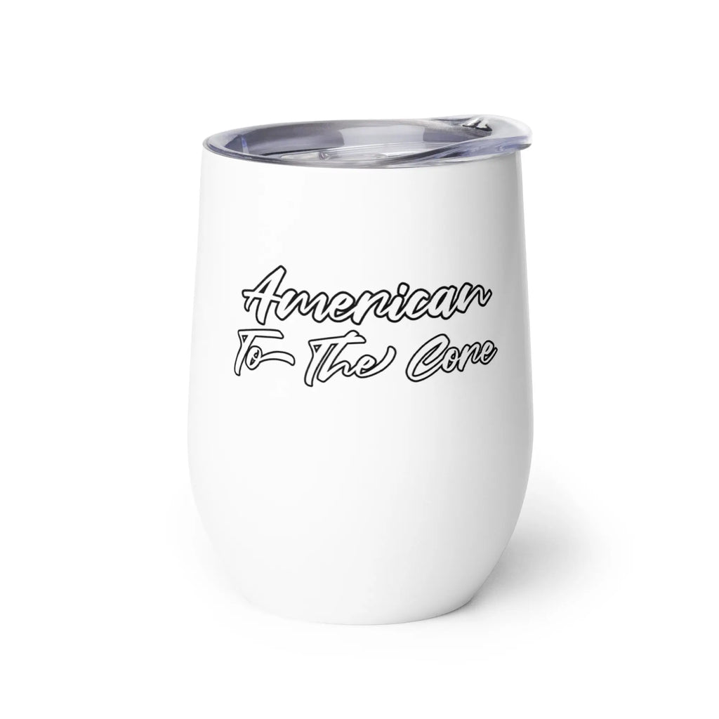 White tumbler with 'American To The Core' text on a white background