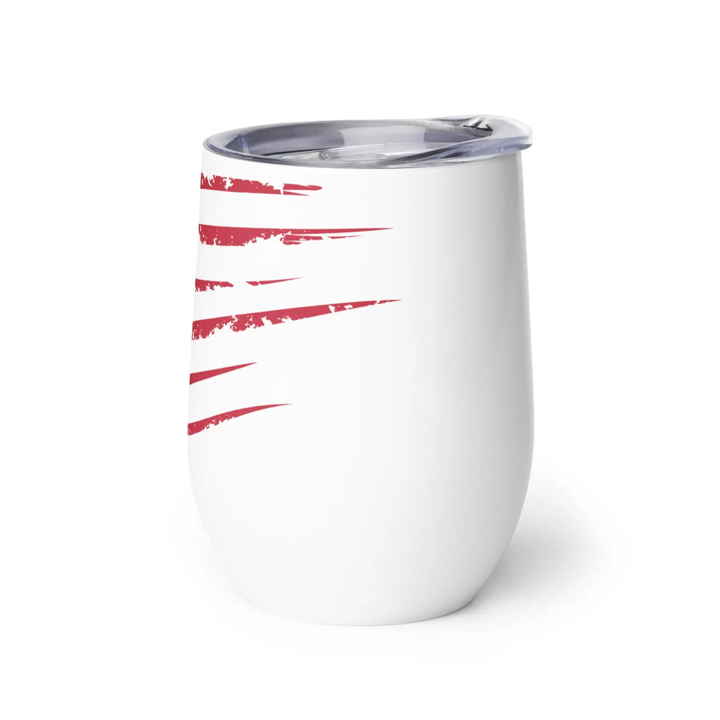 White tumbler with red abstract design on a white background