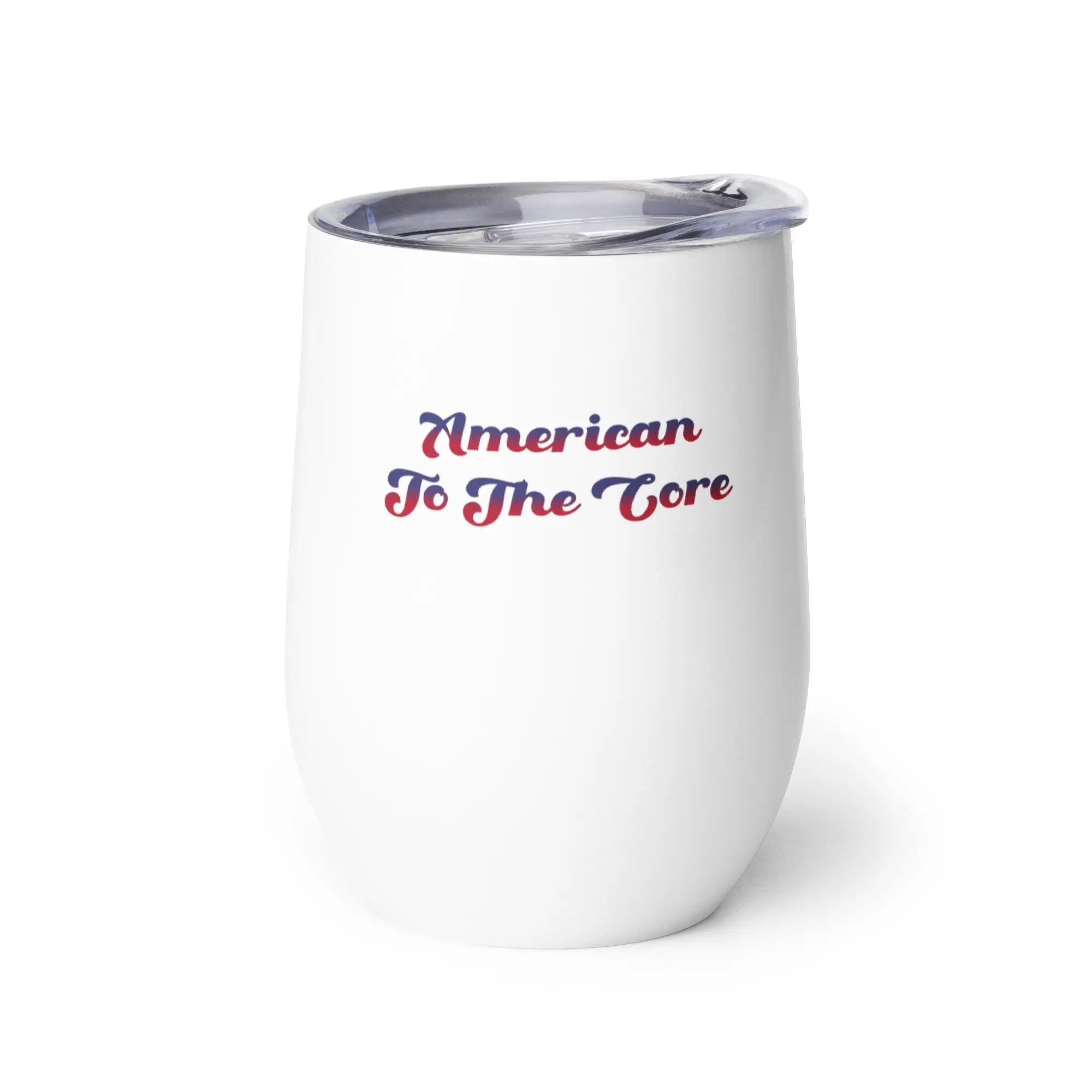 White tumbler with 'American To The Core' text on a white background