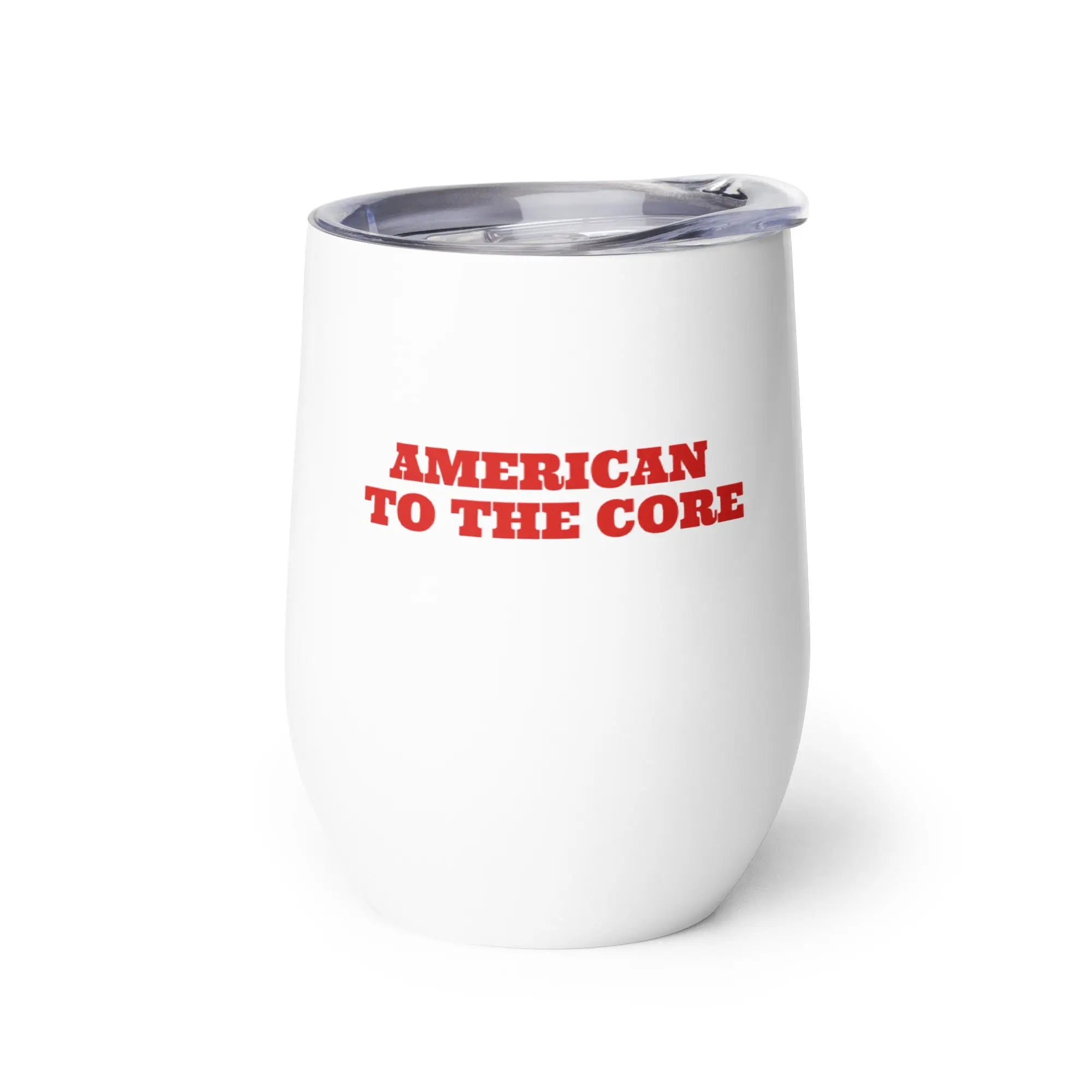 White tumbler with red text 'AMERICAN TO THE CORE' on a white background