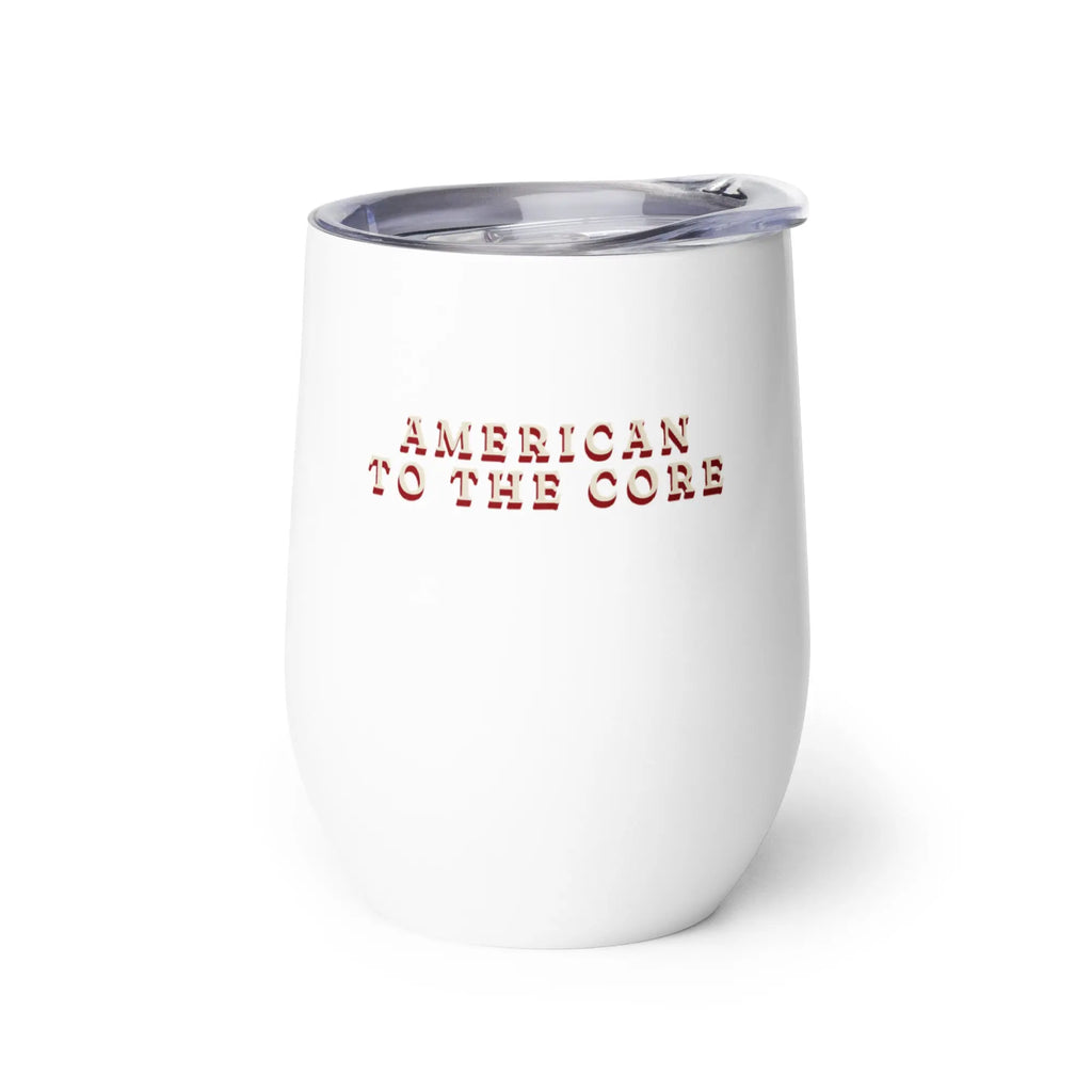 White tumbler with 'American to the Core' text on a white background