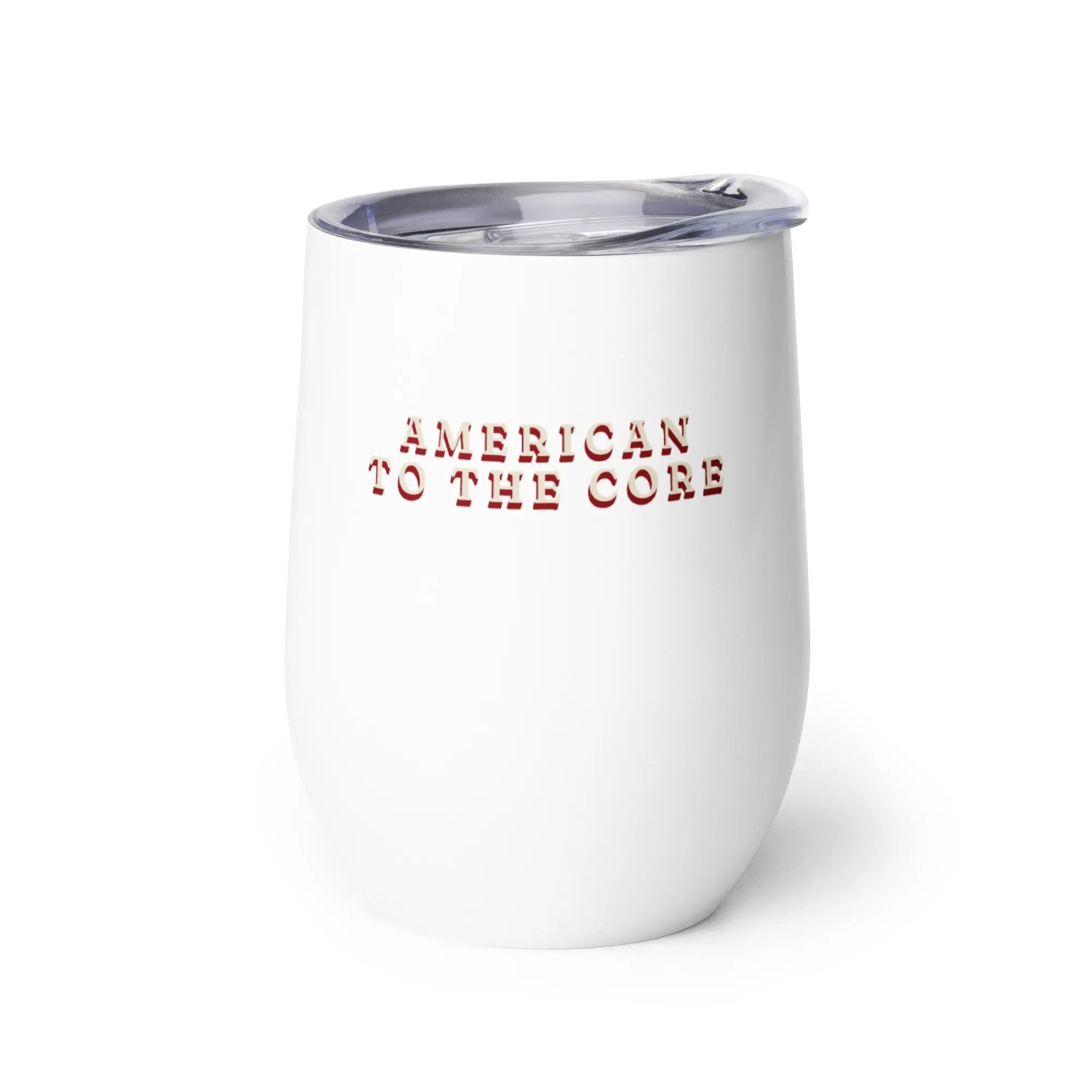 White tumbler with 'American to the Core' text on a white background