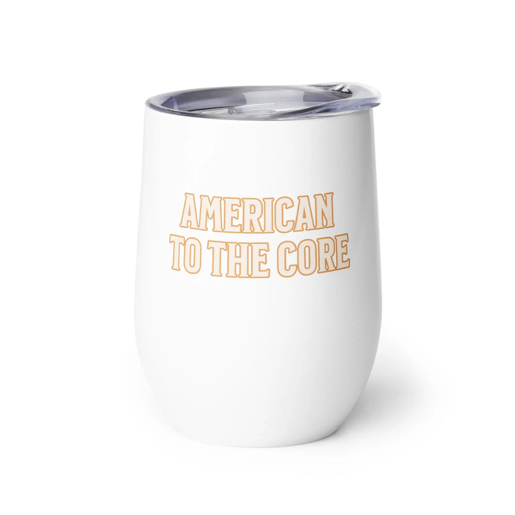 White tumbler with 'American to the Core' text on a white background