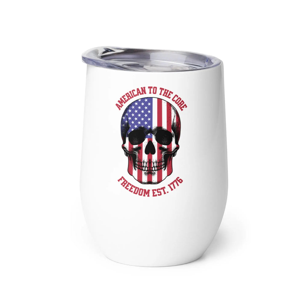 White tumbler with American flag skull design and text on a white background
