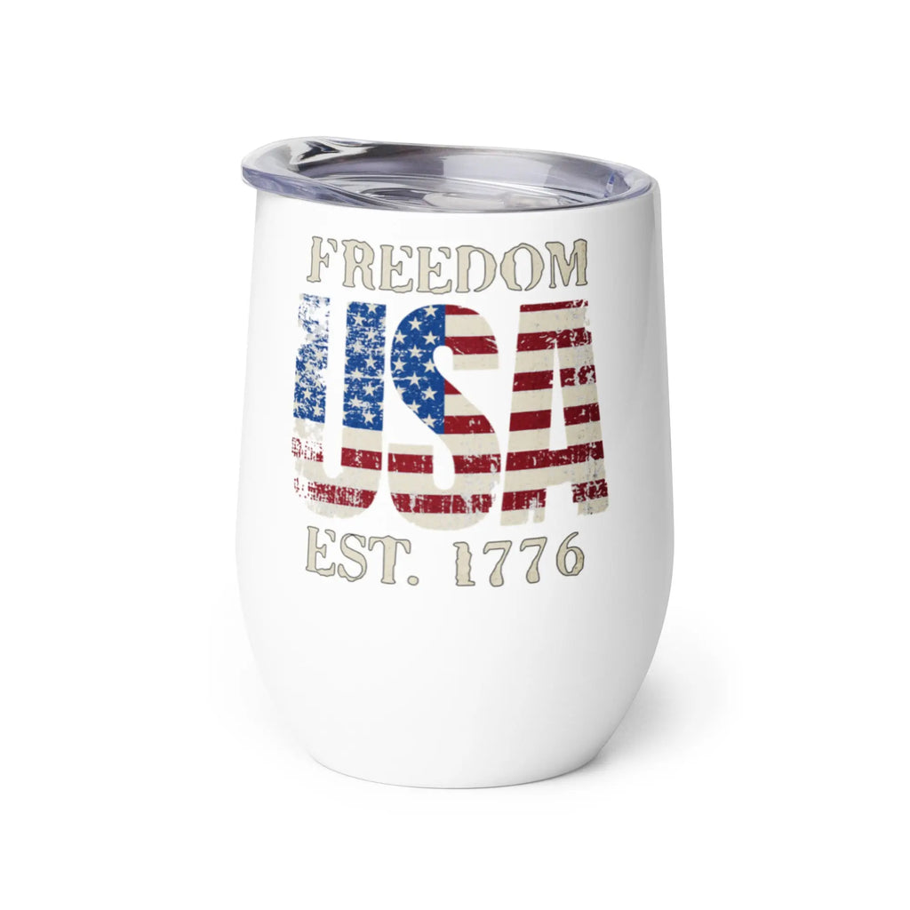 White tumbler with American flag design and 'Freedom USA Est. 1776' text on a white background