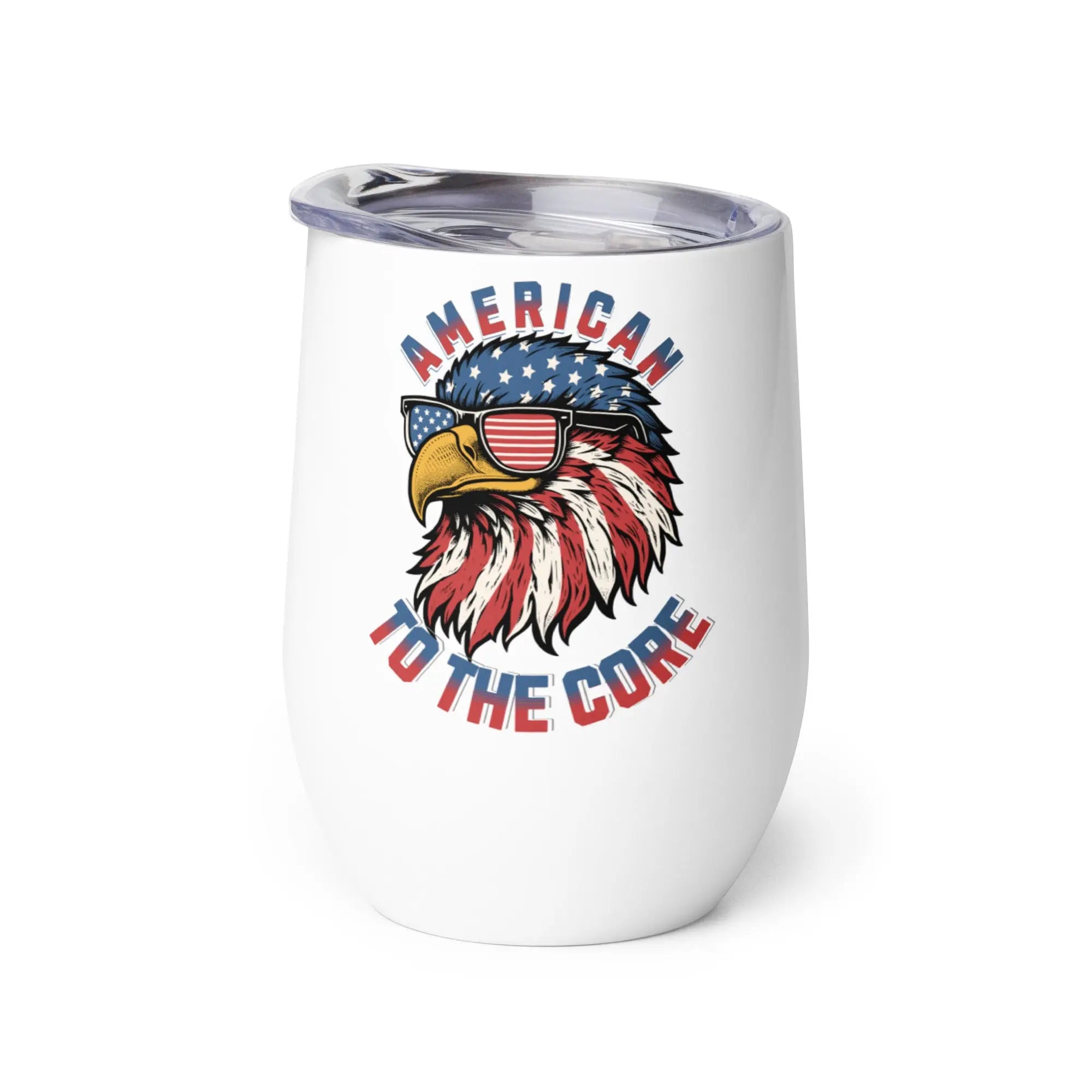 White tumbler with an eagle design and 'American to the Core' text on a white background
