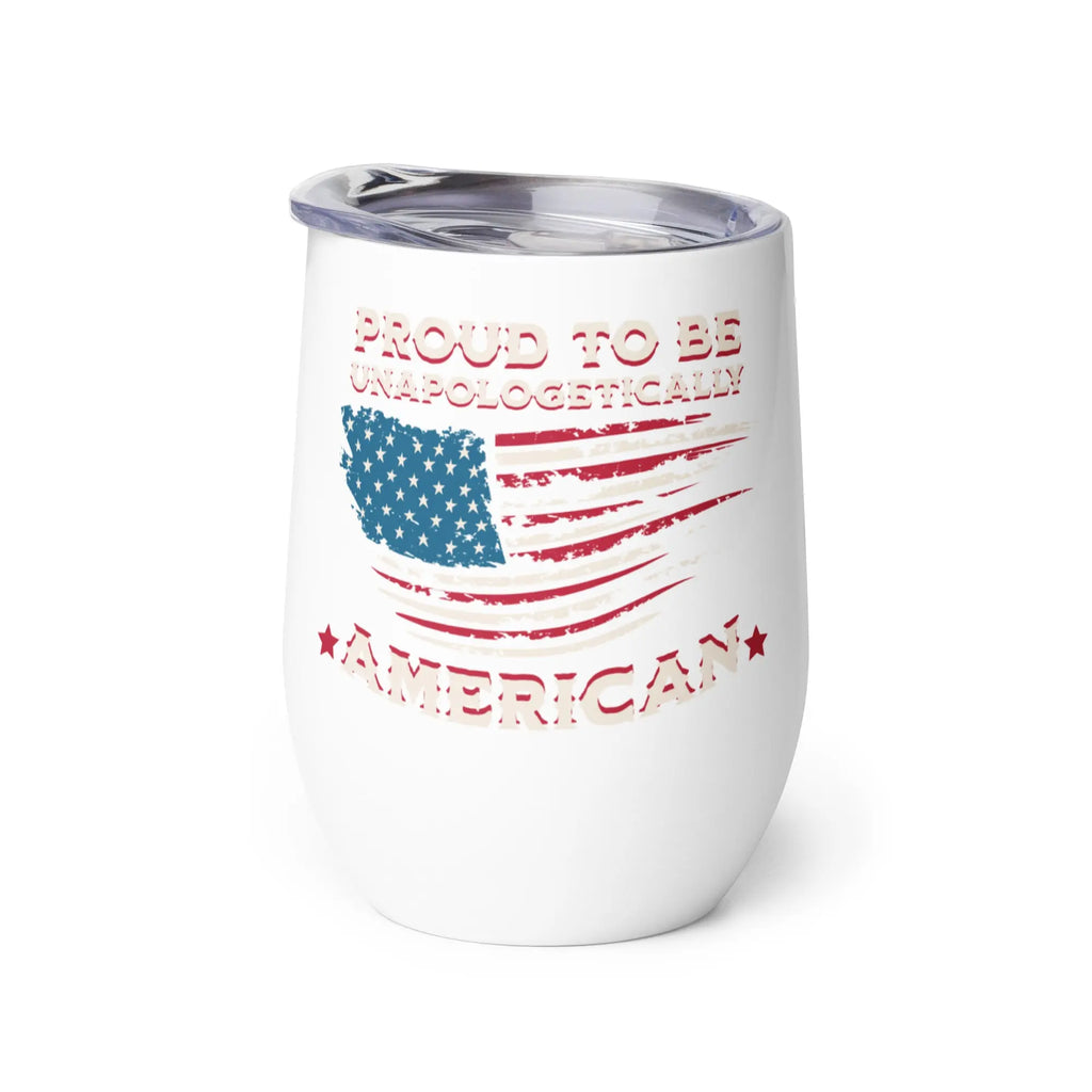 White tumbler with American flag design and text on a white background