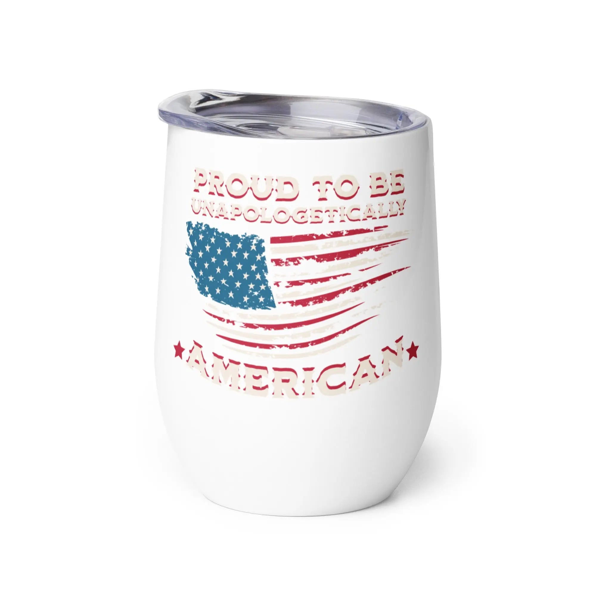 White tumbler with American flag design and text on a white background