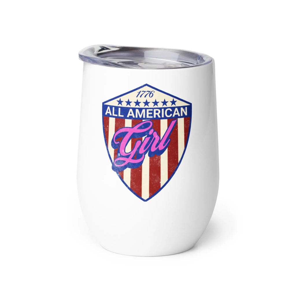 White tumbler with 'All American Girl' design on a white background