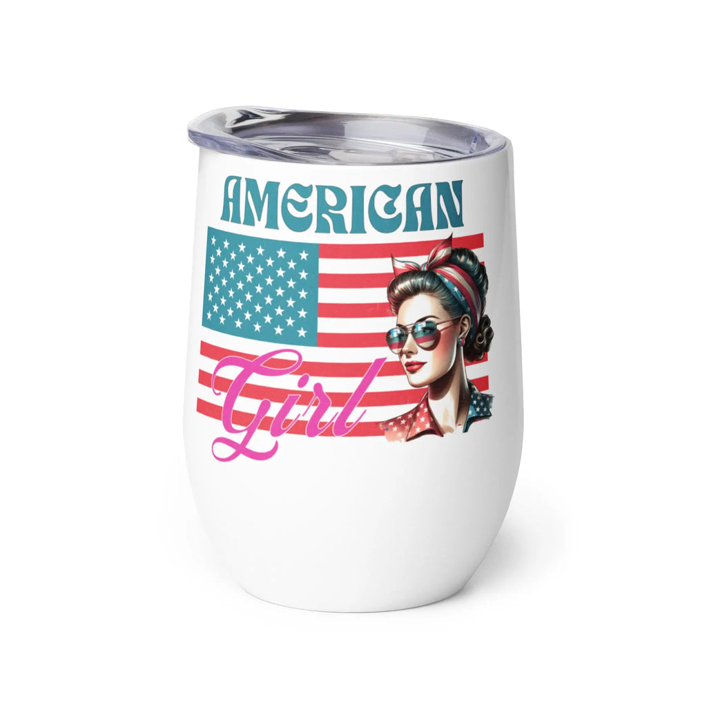 Tumbler with 'American Girl' design featuring an American flag and a girl's face on a white background