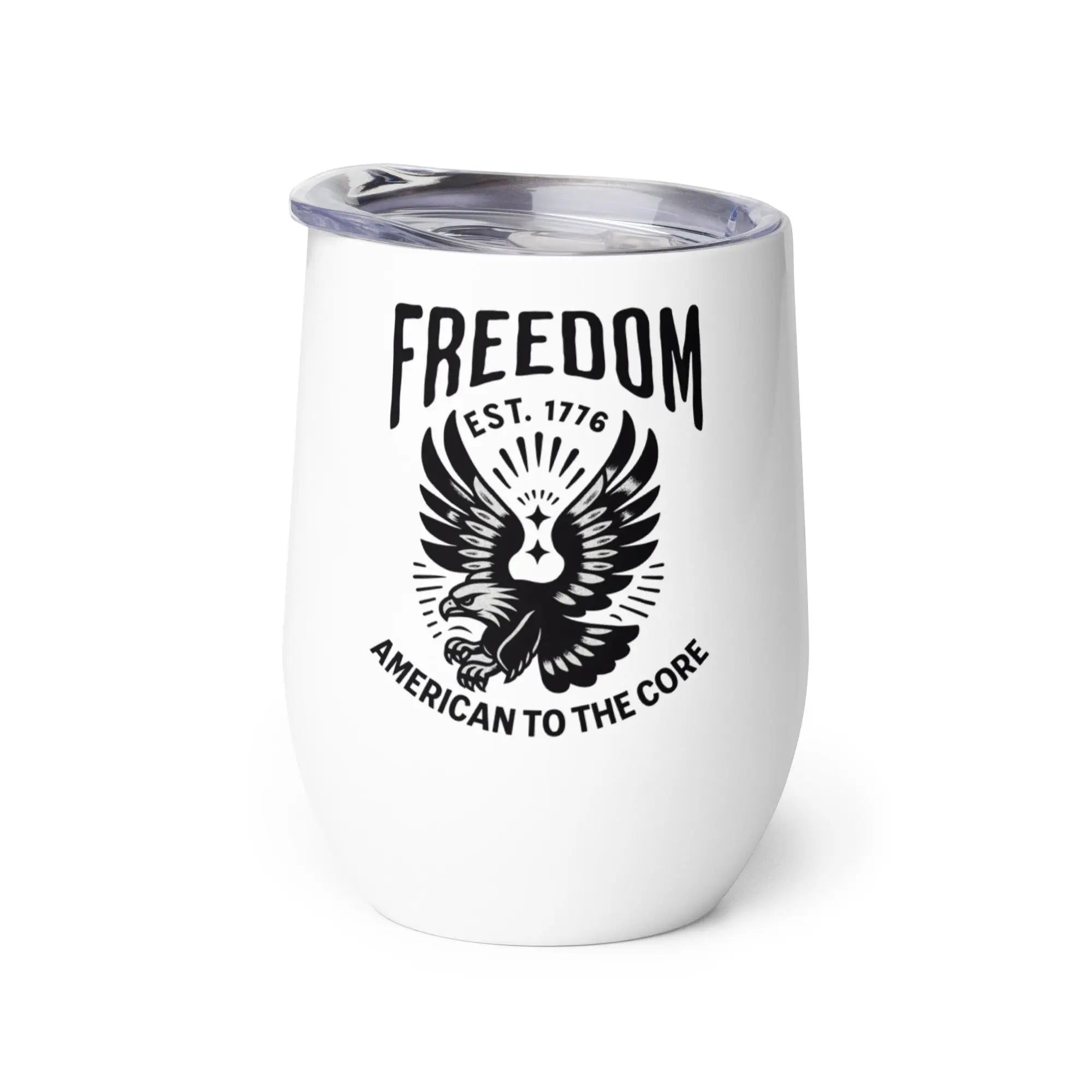 White tumbler with black text and eagle design on a white background