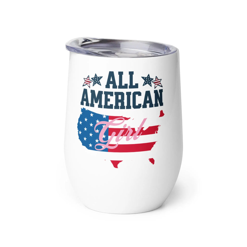 White tumbler with 'All American Girl' text and American flag design on a white background