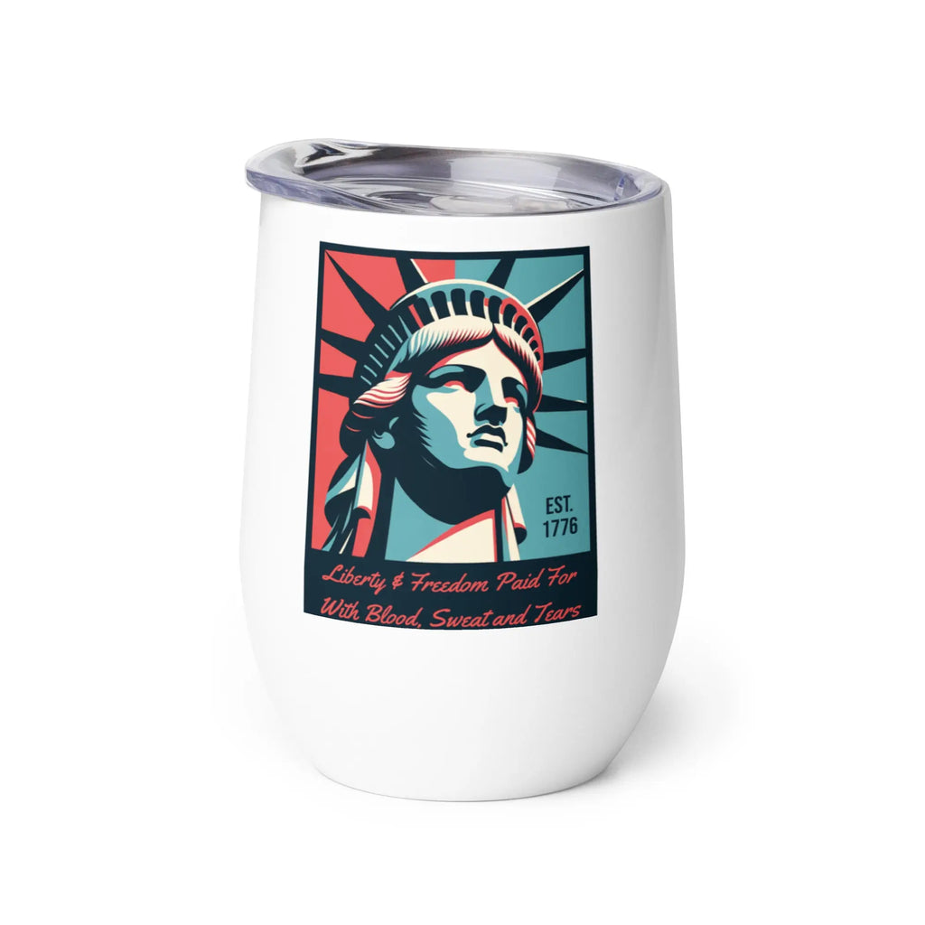 White tumbler with Statue of Liberty design on a white background