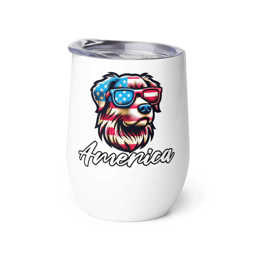 White tumbler with a graphic of a dog wearing sunglasses and the word 'America' on a white background