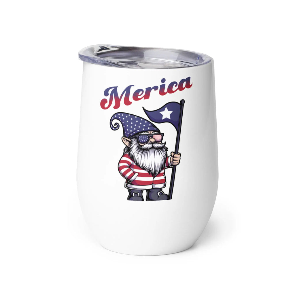 White tumbler with a design of a gnome holding an American flag and 'Merica text on a white background