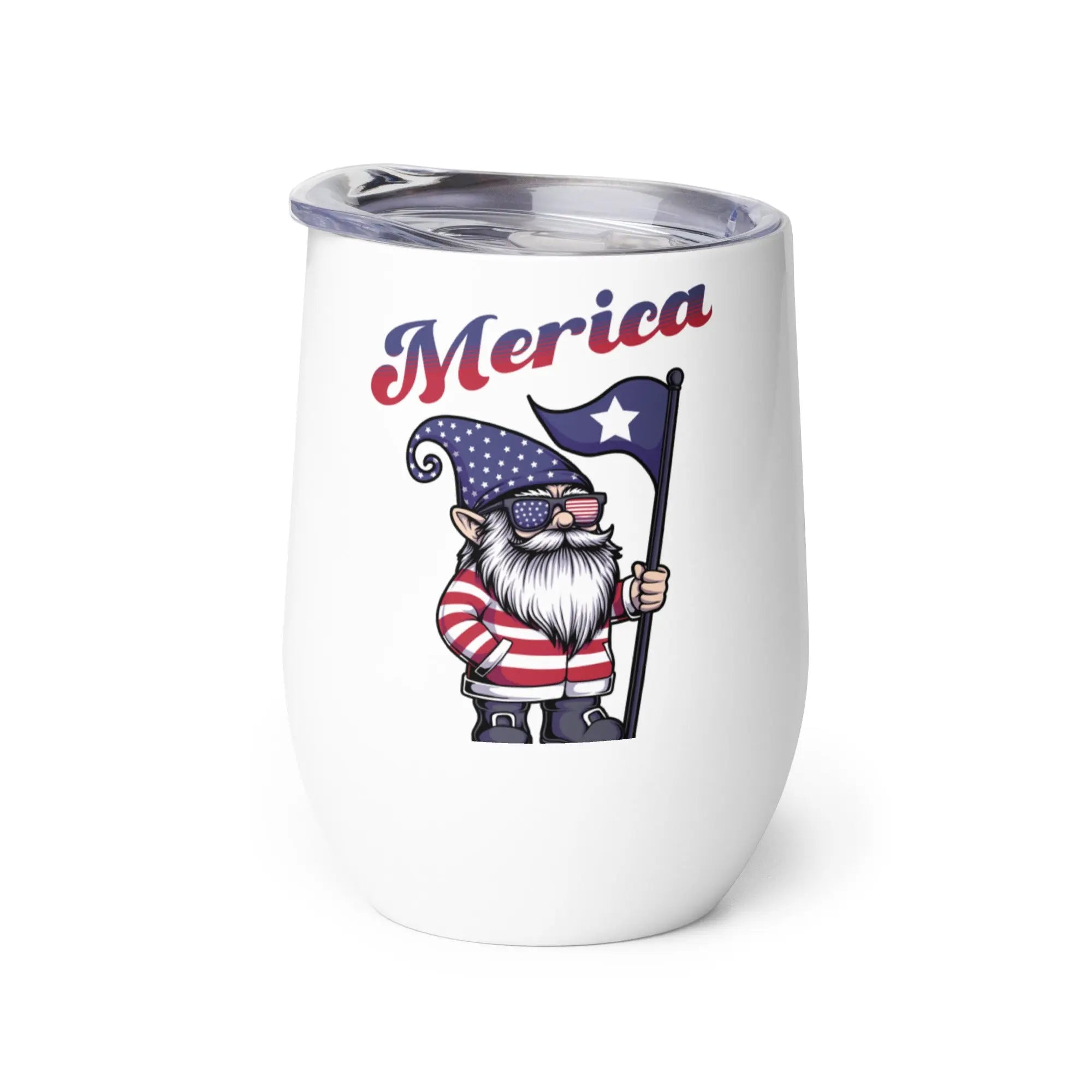 White tumbler with a design of a gnome holding an American flag and 'Merica text on a white background