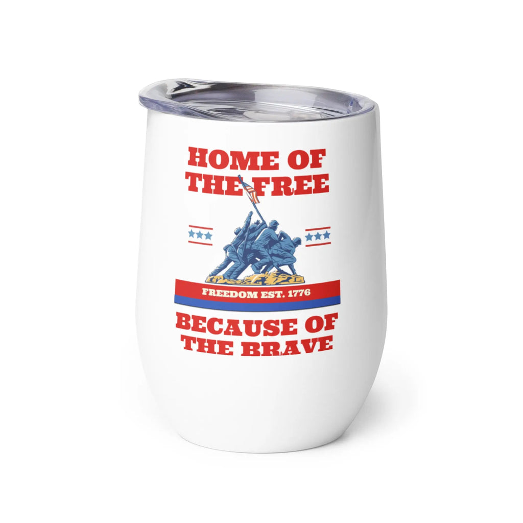 White tumbler with 'Home of the Free Because of the Brave' text and Iwo Jima Memorial graphic on a white background