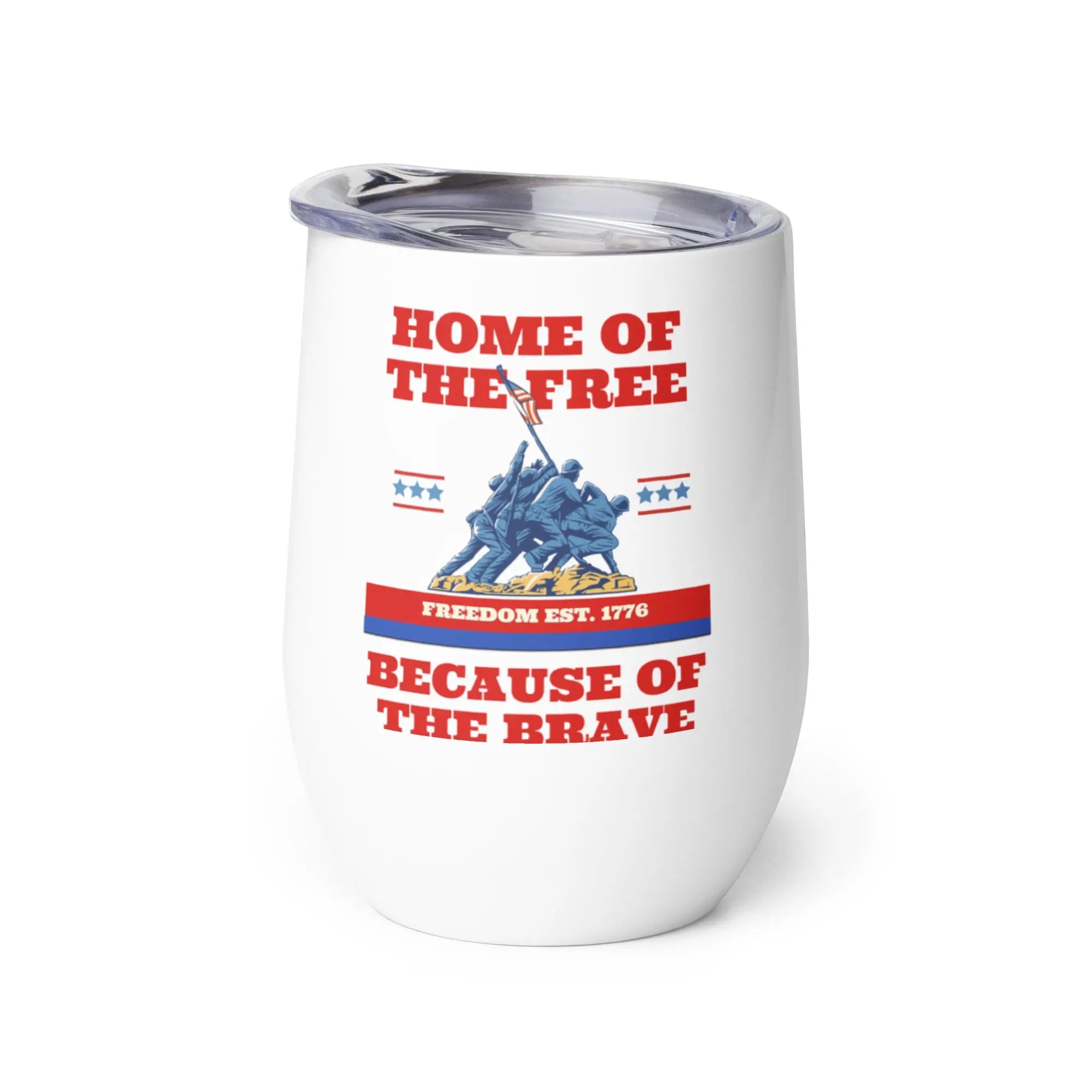 White tumbler with 'Home of the Free Because of the Brave' text and Iwo Jima Memorial graphic on a white background