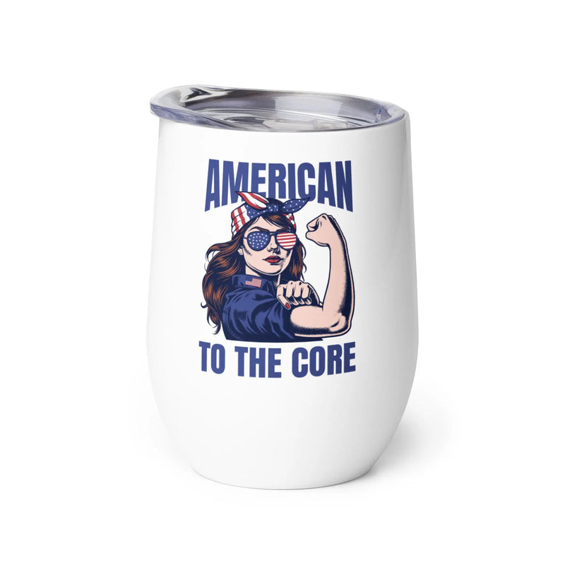 White tumbler with a graphic of a woman flexing her arm and text 'American to the Core' on a white background