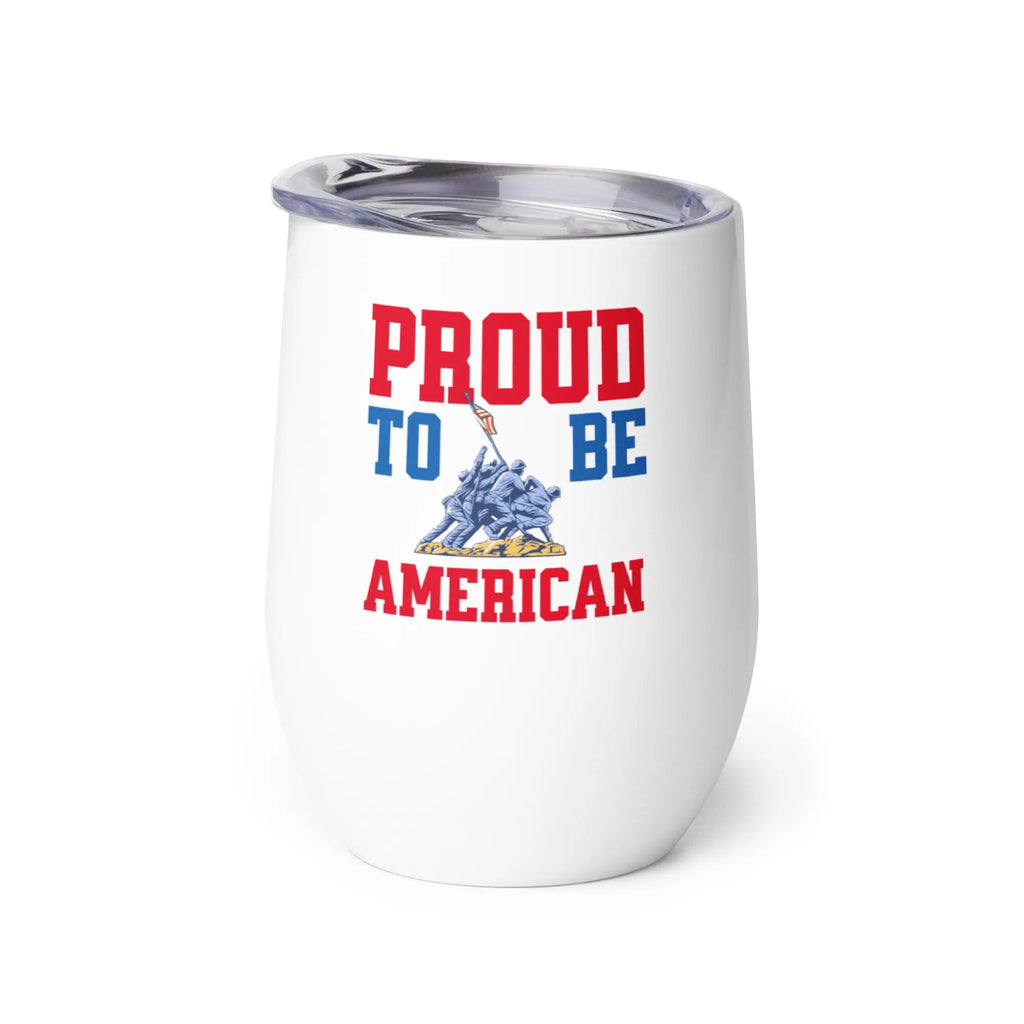 White tumbler with 'Proud to be American' text and statue of liberty graphic on a white background