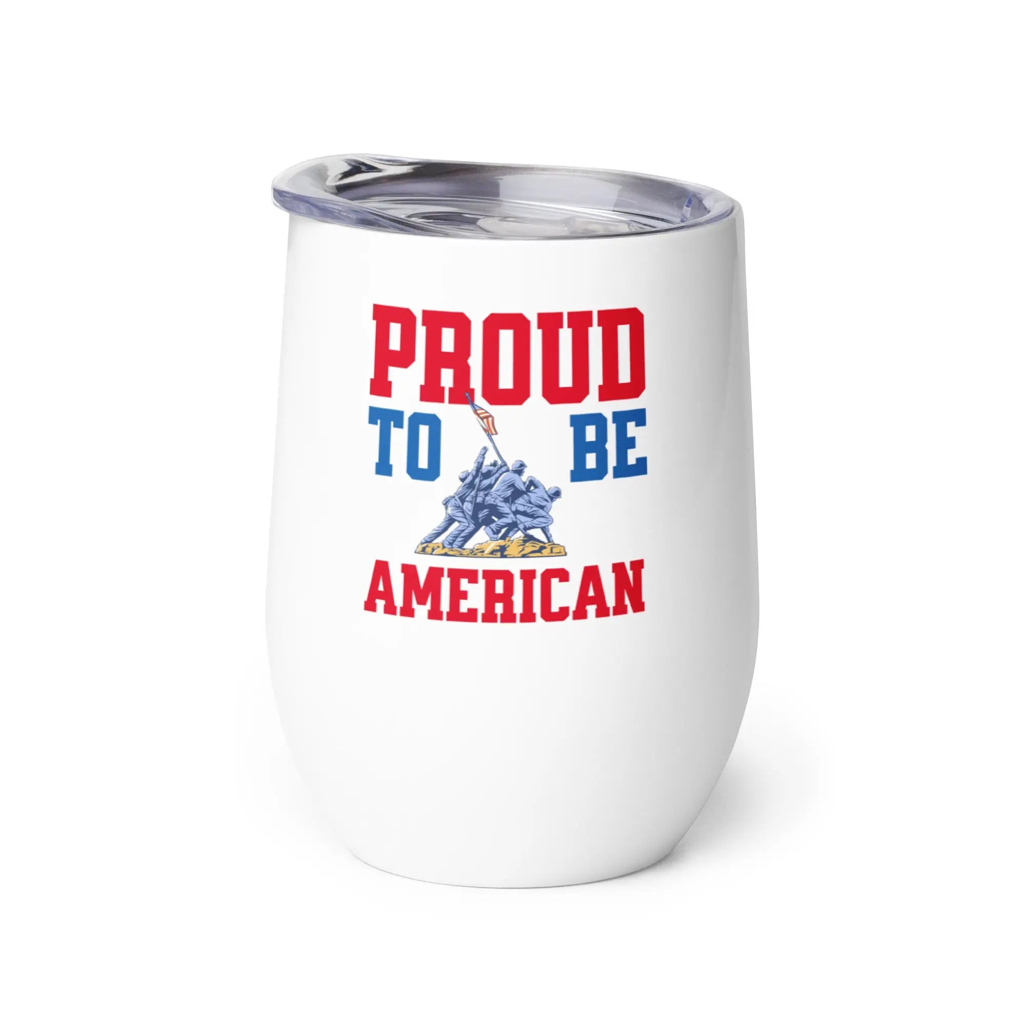 White tumbler with 'Proud to be American' text and statue of liberty graphic on a white background