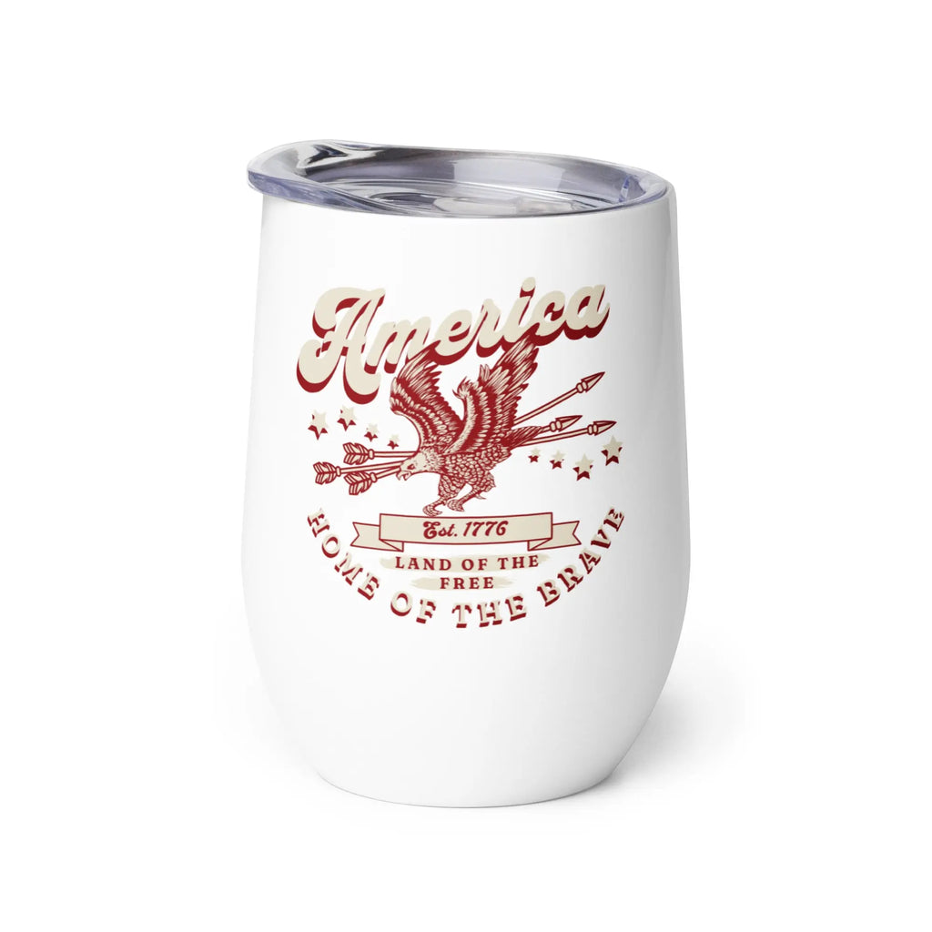 White tumbler with red eagle design and 'America' text on a white background