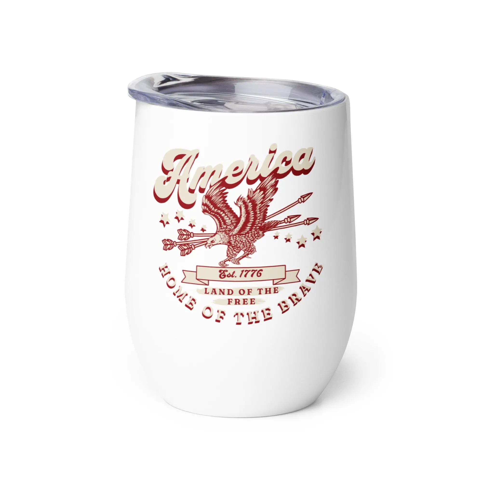 White tumbler with red eagle design and 'America' text on a white background