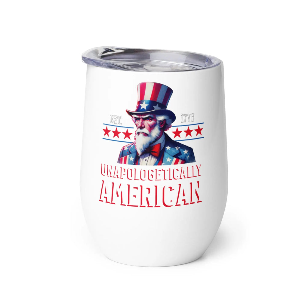 White tumbler with Uncle Sam graphic and 'Unapologetically American' text on a white background