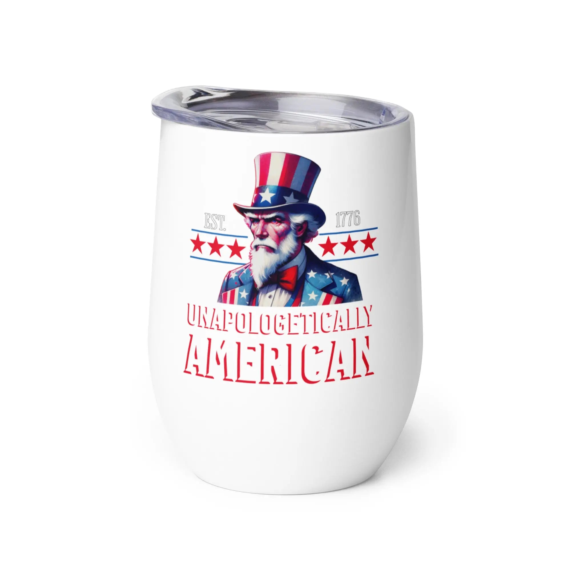 White tumbler with Uncle Sam graphic and 'Unapologetically American' text on a white background