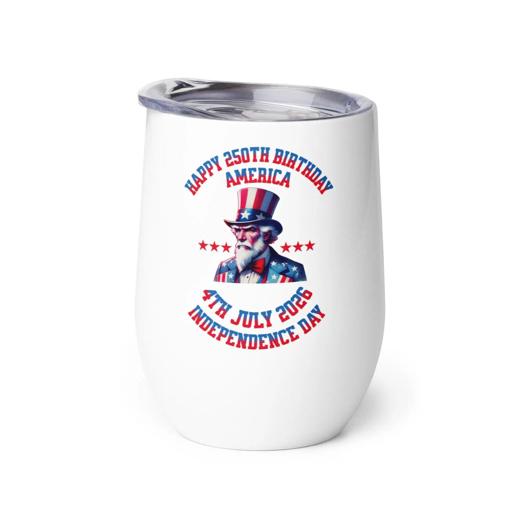 White tumbler with Uncle Sam graphic and Independence Day text on a white background