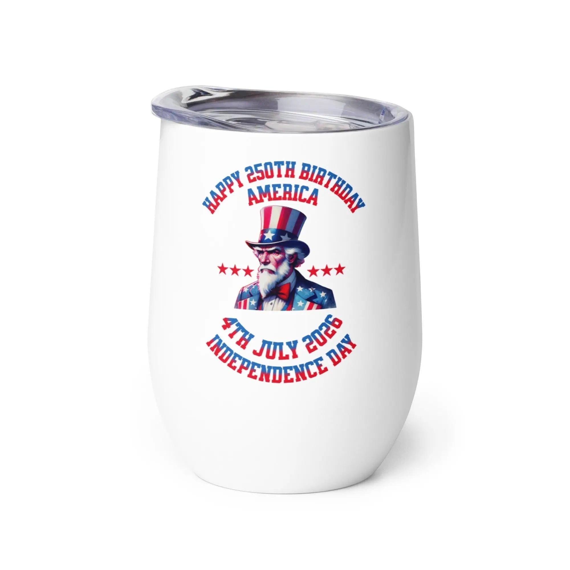 White tumbler with Uncle Sam graphic and Independence Day text on a white background