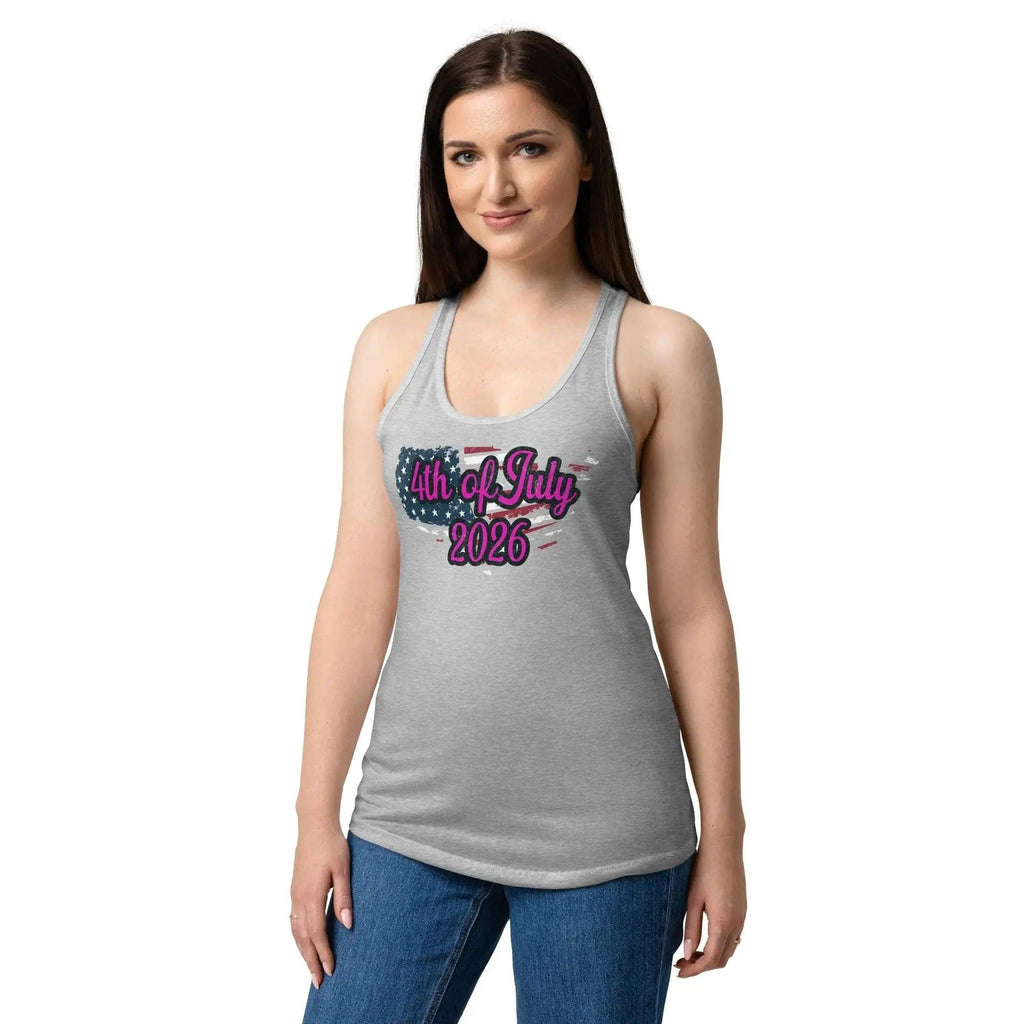 A woman wearing a heather grey patriotic tank top with the American flag in the shape of America with the text '4th of July 2026' 