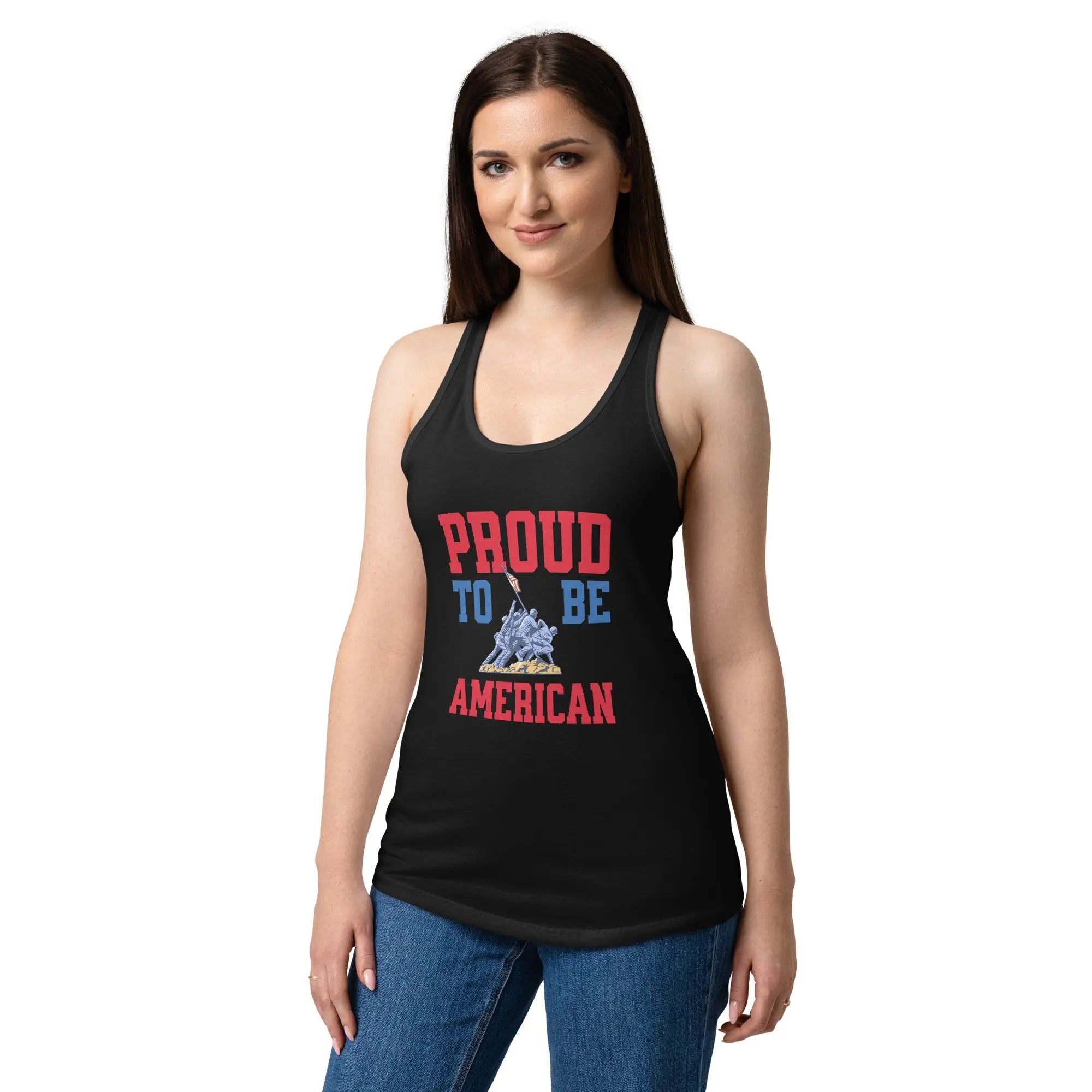 A woman wearing a black patriotic tank top with soldiers raising the flag and the text "Proud to be American."