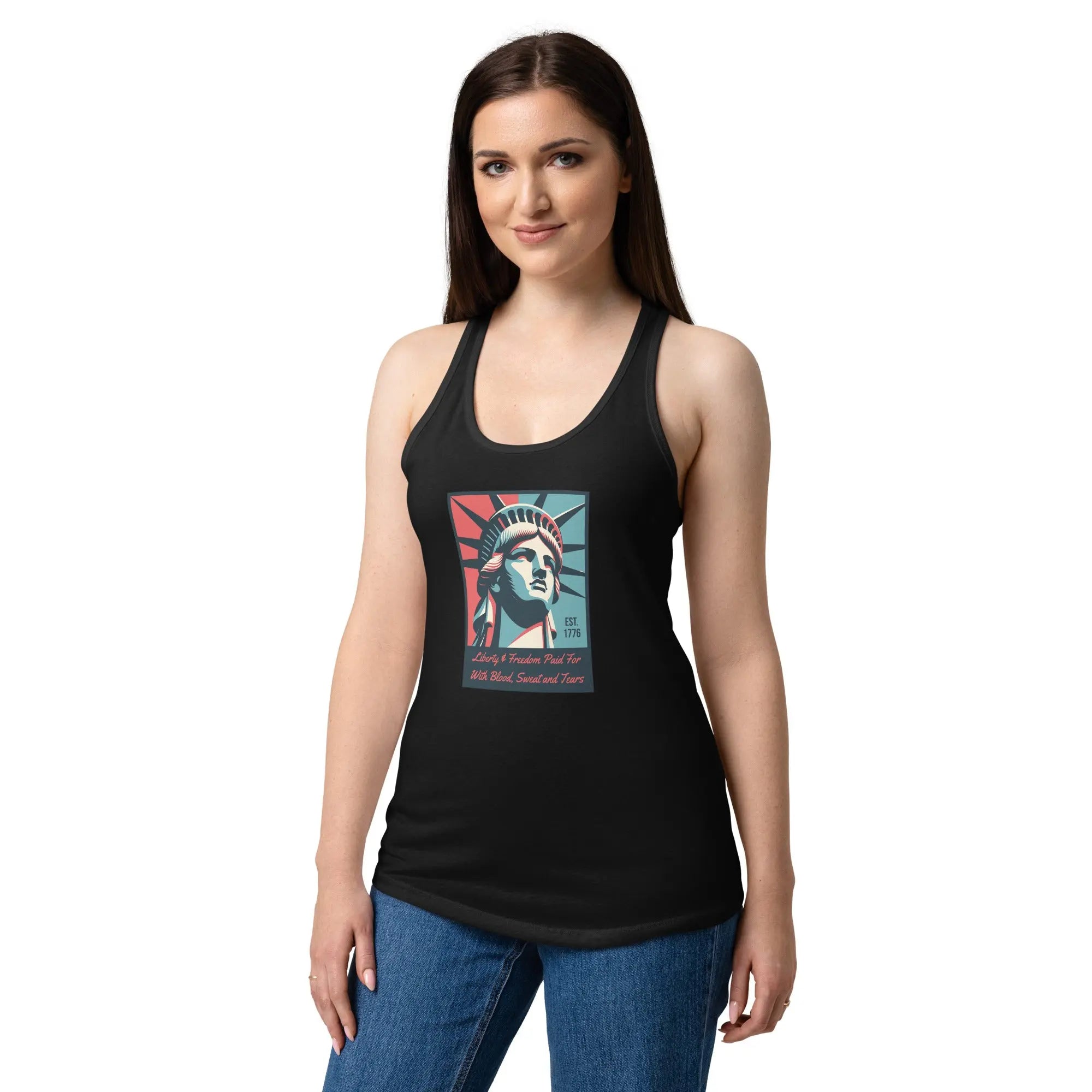 A woman wearing a black patriotic tank top with the statue of liberty and the text.